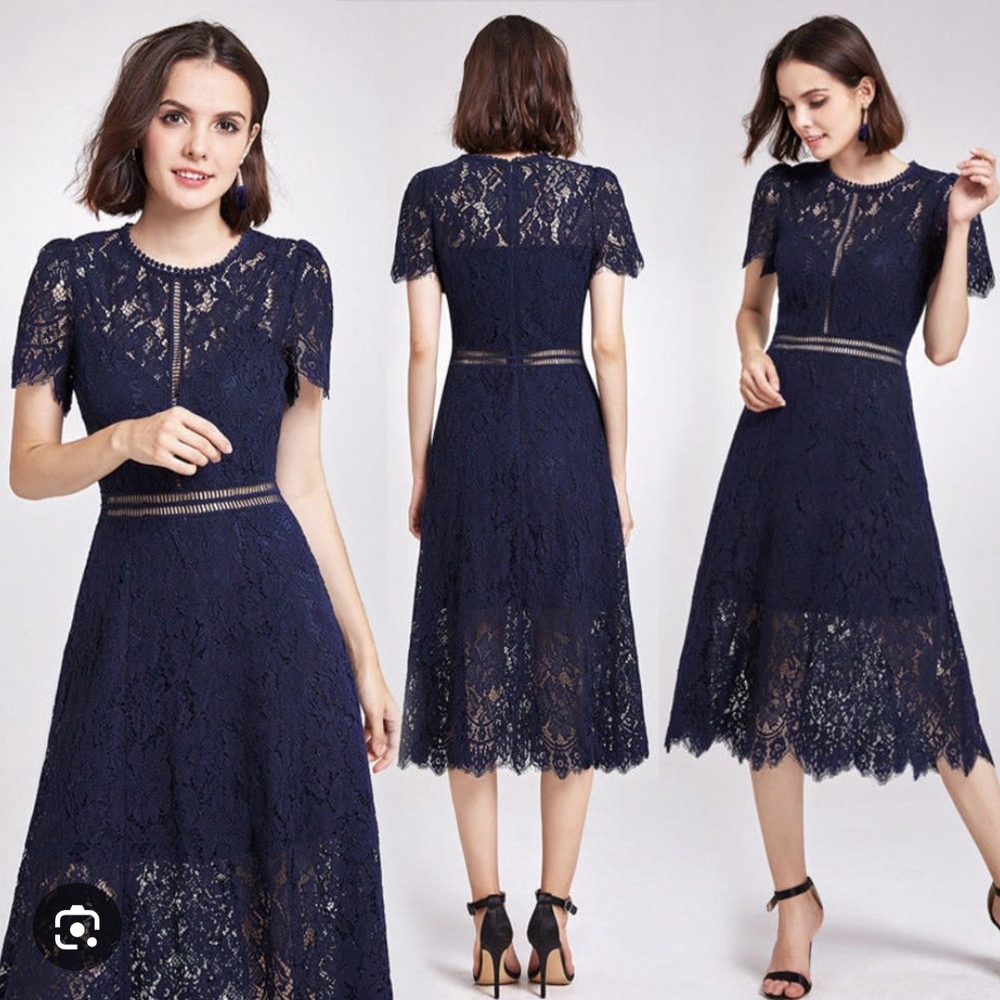 Women’s Navy Lace Midi Dress - Elegant Cocktail Dress